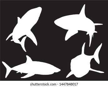 Graphical set of shark silhouettes isolated on black background, vector illustration for logo,tattoo and icons
