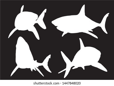 Graphical set of shark silhouettes isolated on black background, vector illustration for logo,tattoo and icons