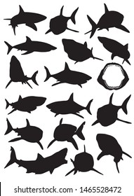 Graphical set of shark silhouettes isolated on white,vector illustration for logo,tattoo and printing