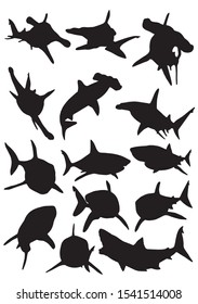 Graphical set of shark silhouettes isolated on white background,vector illustration for logo and printing