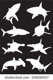 Graphical set of shark silhouettes isolated on black background,vector illustration for logo and printing