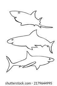 Graphical set of sharks isolated on white.Marine life habitant lined drawing, sketch for tattoo and coloring