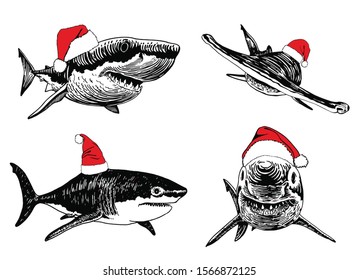 Graphical set of sharks in Santa Claus hat isolated on white background,new year illustration