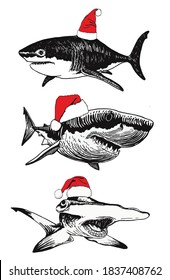Grafischer Haibestand auf Weihnachtsmütze einzeln auf weißem Hintergrund, Vektorgrafik des neuen Jahres