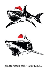 Conjunto gráfico de tiburones en sombreros de Santa Claus aislados de fondo blanco, ilustración de año nuevo