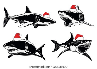 Graphical set of sharks in Santa Claus hats isolated on white background,new year illustration