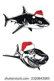 Graphical  set of sharks in Santa Claus red hats on white background, underwater life. Vector new year illustration, great white shark elements