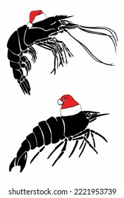 Graphical set of shrimps in red Santa Claus hats isolated on white background,vector illustration