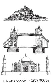 Conjunto gráfico de visiones de la arquitectura aisladas en fondo blanco, elementos vectoriales