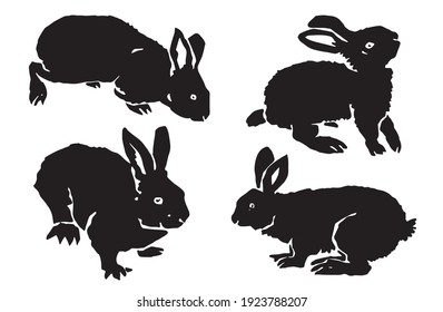 Graphical set of silhouettes of bunny isolated on white background,vector elements
