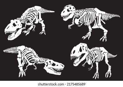 Graphical set silhouettes of dinosaur skeletons isolated on black background,vector engraved illustration