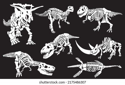 Graphical set silhouettes of dinosaur skeletons isolated on black background,vector engraved illustration