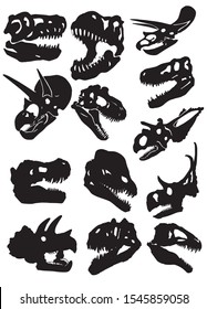 Graphical set of silhouettes of  dinosaur skulls isolated on white background,vector illustration 