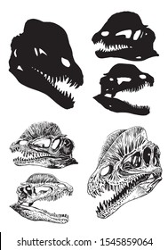 Graphical set of silhouettes of  dinosaur skulls isolated on white background,vector illustration 