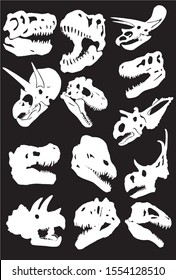 Graphical set of silhouettes of  dinosaur skulls isolated on black background,vector illustration 