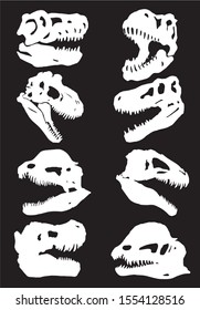 Graphical set of silhouettes of  dinosaur skulls isolated on black background,vector illustration 