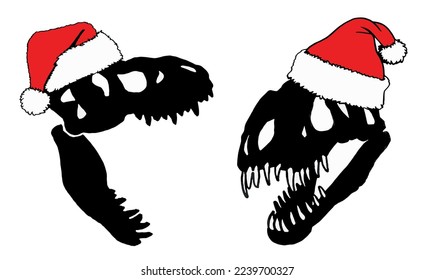 Graphical  set of silhouettes of dinosaur skulls  in Santa Claus red hat isolated on white background,vector Christmas elements