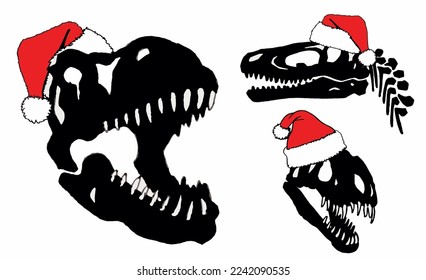 Graphical  set of silhouettes of dinosaur skulls  in Santa Claus red hat isolated on white background,vector Christmas elements