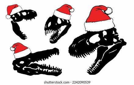 Graphical  set of silhouettes of dinosaur skulls  in Santa Claus red hat isolated on white background,vector Christmas elements