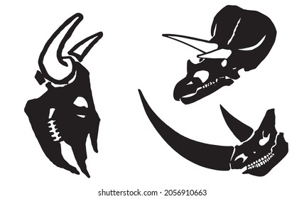 Graphical set of silhouettes of skulls of dinosaurs isolated on white background, vector illustration 