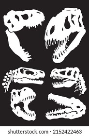 Graphical  set of silhouettes of skulls of dinosaurs isolated on black background, elements of paleontology