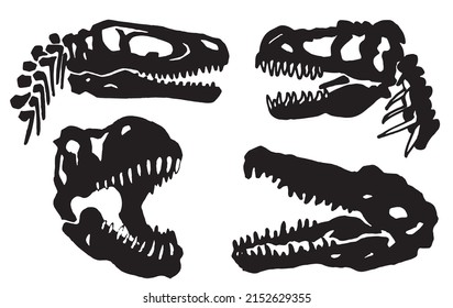 Graphical set of silhouettes of skulls of dinosaurs isolated on white background, elements of paleontology