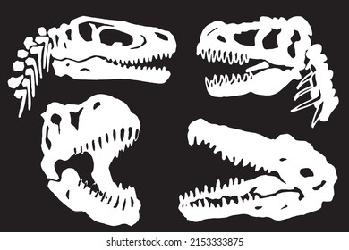 Graphical set of silhouettes of skulls of dinosaurs isolated on black background, elements of paleontology