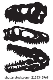 Graphical set of silhouettes of skulls of dinosaurs isolated on white background, elements of paleontology
