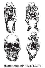 Graphical set of skeletons and human skulls isolated on white,vector illustration. Human fossils. Anatomy