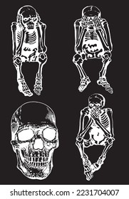 Conjunto gráfico de esqueletos y cráneos humanos aislados en ilustración negra vectorial. Fósiles humanos. Anatomía