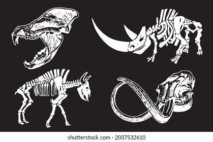 Graphical set of skeletons and skulls isolated on black background,vector elements