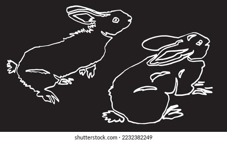 Graphical set of sketches of rabbits, doodle illustration bunny isolated on black. 