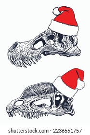 Graphical set of skulls of dinosaur in Santa Claus hat  isolated on white background,New year illustration