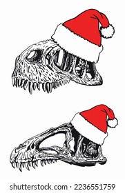 Graphical set of skulls of dinosaur in Santa Claus hat  isolated on white background,New year illustration