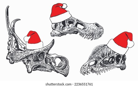 Graphical set of skulls of dinosaur in Santa Claus hat  isolated on white background,New year illustration