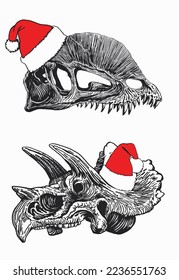 Graphical set of skulls of dinosaur in Santa Claus hat  isolated on white background,New year illustration