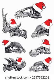 Graphical set of skulls of dinosaur in Santa Claus hat  isolated on white background,New year illustration