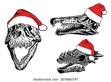 Conjunto gráfico de cráneos de dinosaurios en sombreros rojos de nuevo año sobre fondo blanco,ilustración vectorial