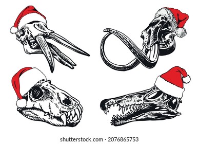 Graphical set of skulls of dinosaurs in new year red hats on white background,vector illustration