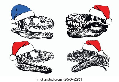 Graphical set of skulls of dinosaurs in red Christmas hats, new year set 