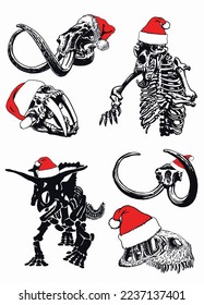 Graphical  set of skulls of mammoth and skeleton of bear  in Santa Claus hat isolated on white ,vector new year illustration
