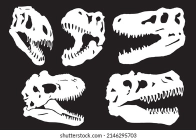Graphical set of skulls silhouettes of dinosaur isolated on black background,vector elements