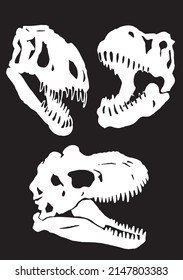 Graphical set of skulls silhouettes of dinosaur isolated on black background,vector elements