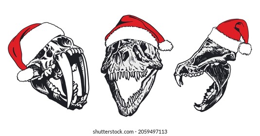 Graphical set of skulls of Smilodon,bear and tyrannosaurus in red hat of Santa Claus
