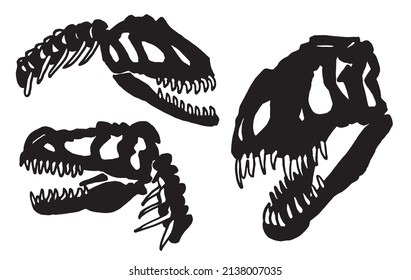 Graphical set of skulls of tyrannosaurus isolated on white, vector fossils