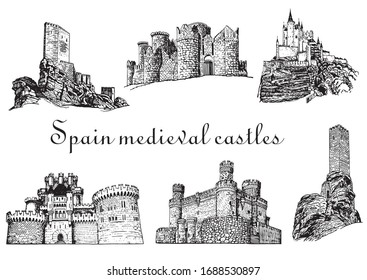 Graphical set of Spain castles isolated on white background,vector illustration