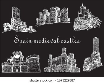 Conjunto gráfico de castillos españoles aislados en fondo negro,ilustración vectorial