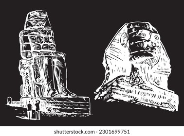 Graphical set of sphinx and  Colossi of Memnon isolated on black background,vector illustration . Egyptian architecture