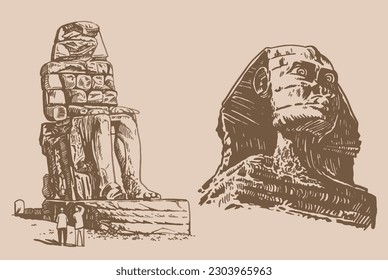 Graphical set of sphinx and  Colossi of Memnon on sepia background,vector illustration . Egyptian architecture