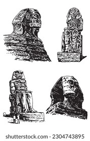 Graphical set of sphinx and  Colossi of Memnon isolated on white background,vector illustration . Egyptian architecture

